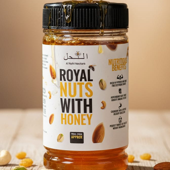 Jar of 'Royal Nuts with Honey' on a wooden surface