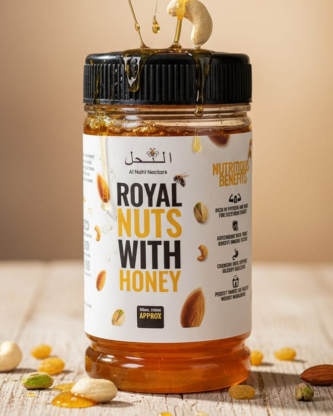 Jar of 'Royal Nuts with Honey' on a wooden surface